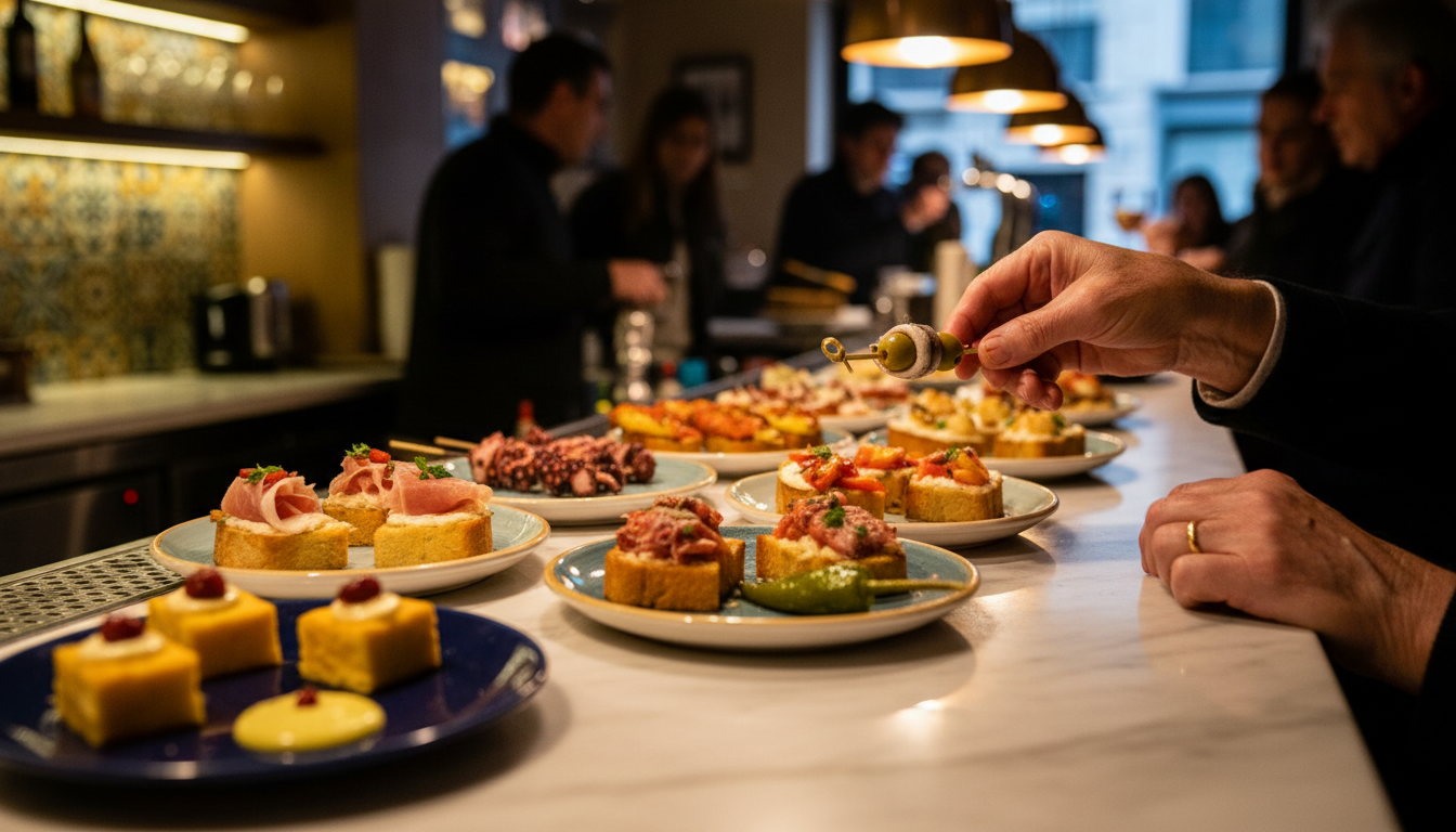 Close-up of a marble bar counter covered with elaborate pintxos on small plates, elderly hands reach