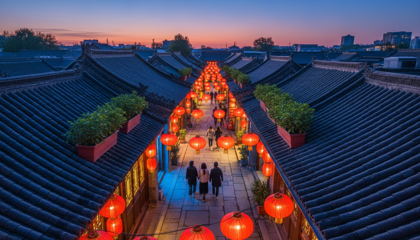 Aerial twilight view of Beijings Nanluoguxiang hutong area, showing traditional gray-tiled rooftops,