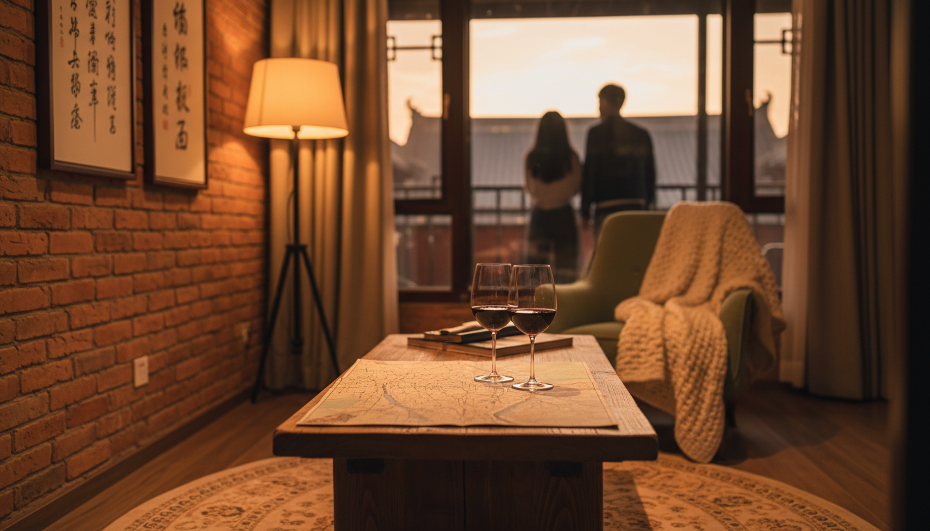 Cozy interior of a renovated Beijing apartment showing a couples travel setuptwo wine glasses on a c