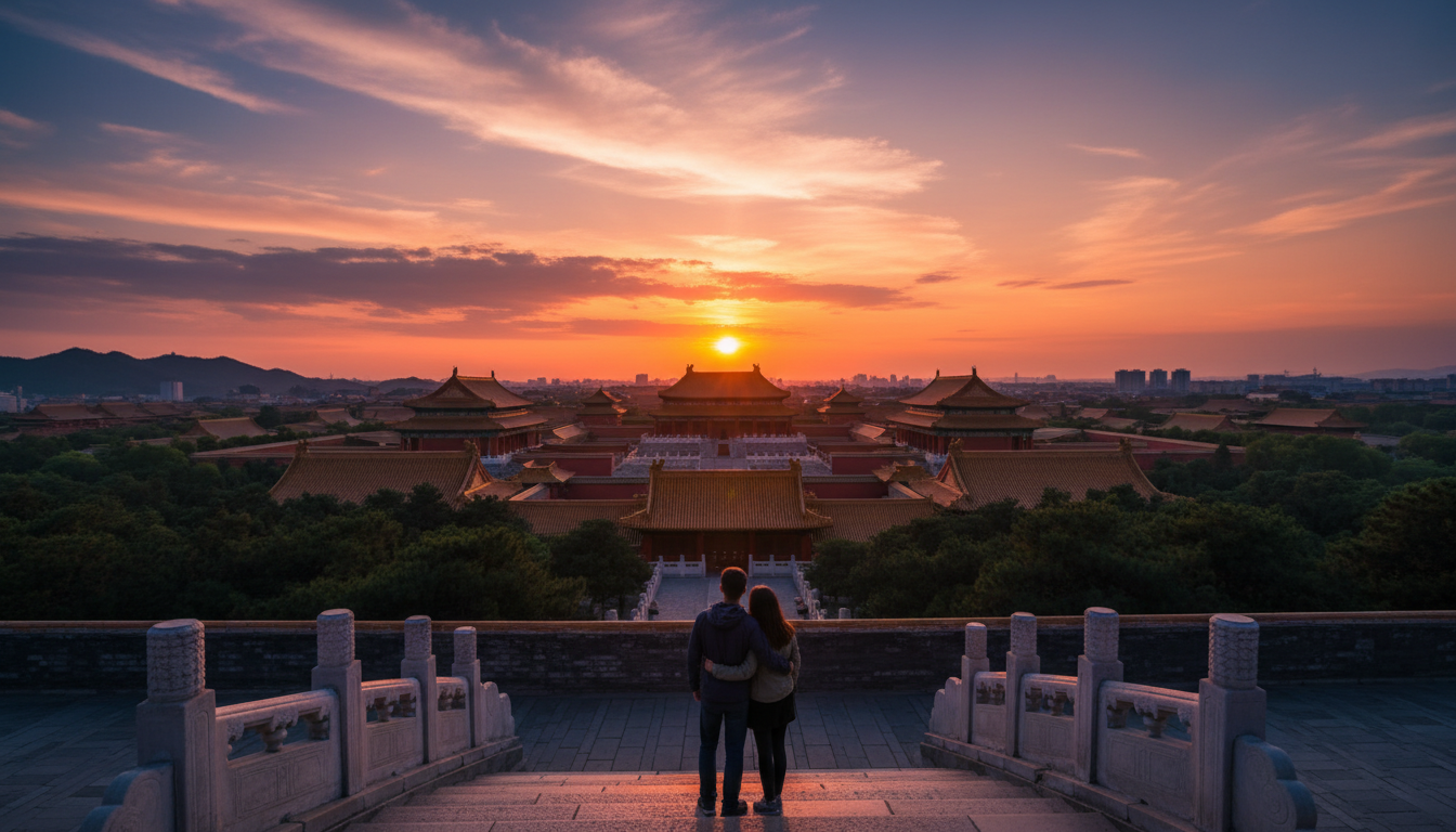 Couple silhouetted against sunset at Jingshan Park, with the golden rooftops of the Forbidden City s