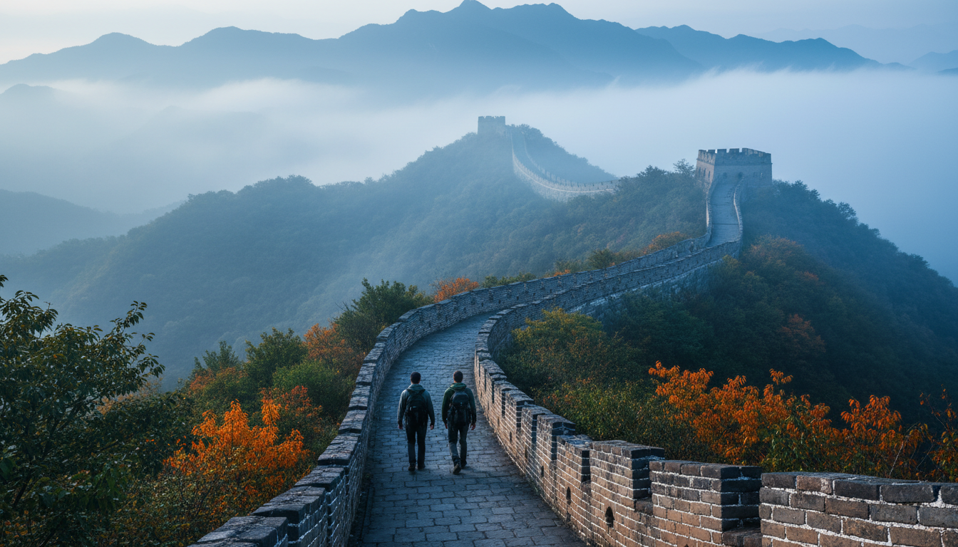 Couple walking along a misty, uncrowded section of the Great Wall at Jinshanling, wild vegetation gr