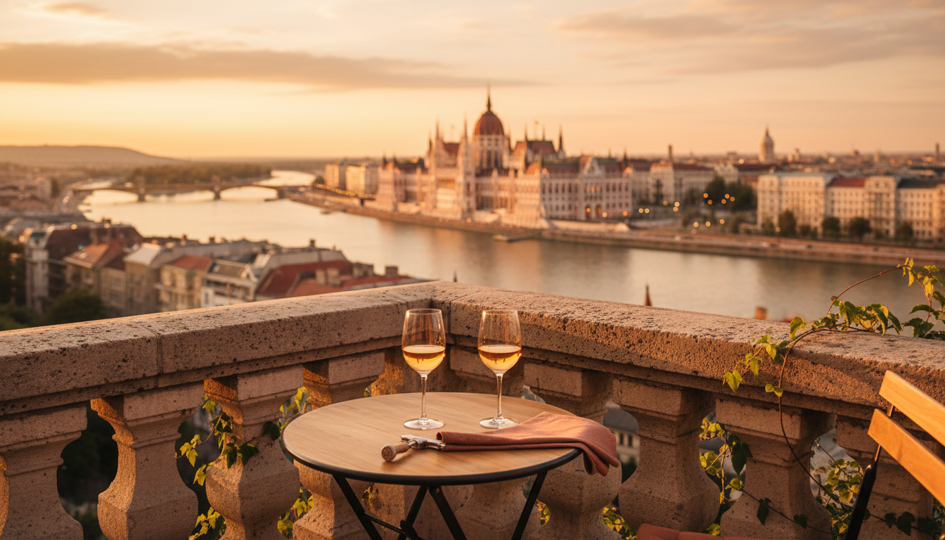 Golden hour view from a Castle District balcony overlooking the Danube River, with the illuminated P