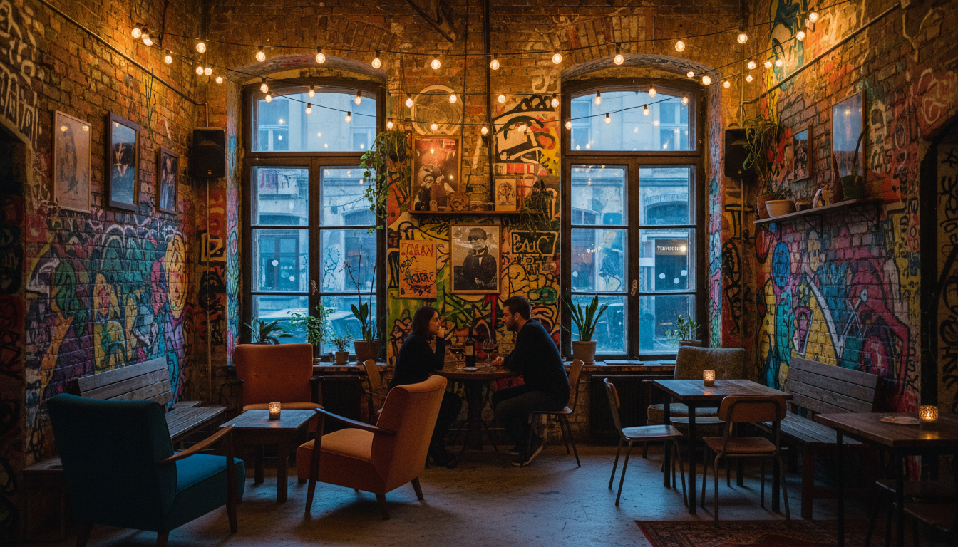 Interior of a ruin bar at twilight, mismatched vintage furniture, string lights, exposed brick walls