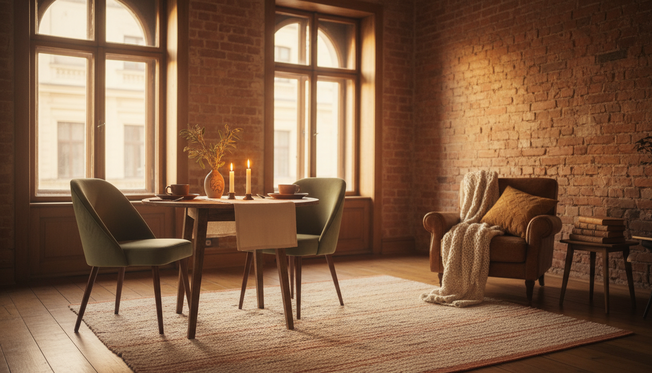 Cozy Budapest apartment interior with exposed brick, vintage furniture, a small dining table set for