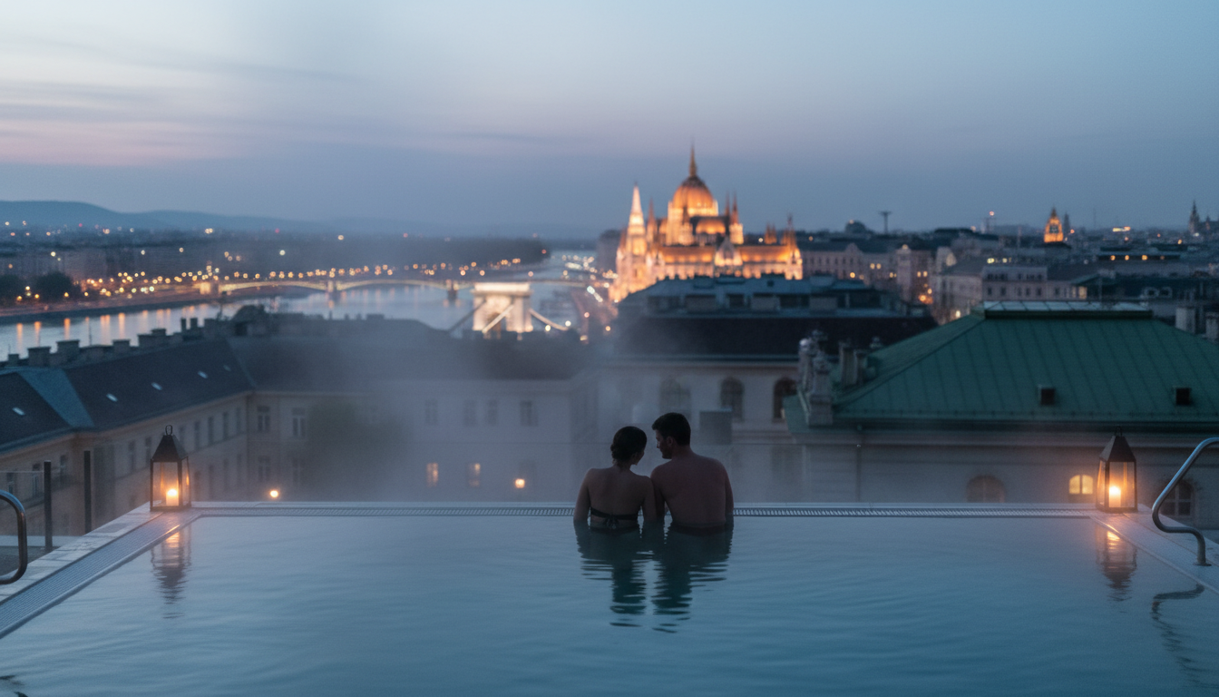 Rudas Baths rooftop pool at dusk, steam rising from thermal water, Budapest cityscape and Danube vis