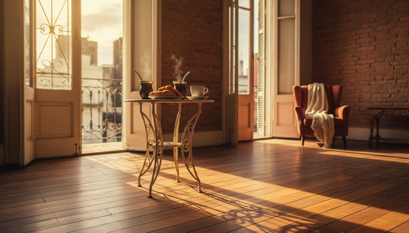 Morning light streaming through ornate iron balcony doors into a vintage San Telmo apartment, hardwo