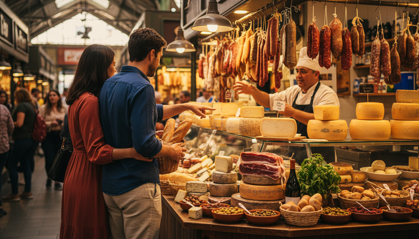 Couple browsing artisanal cheese and charcuterie at Mercado de San Telmo, warm indoor light, vendors