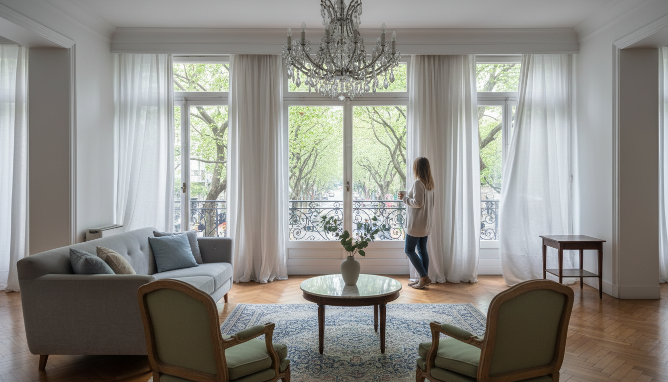 Elegant Recoleta apartment interior with floor-to-ceiling windows overlooking tree-lined avenue, cry
