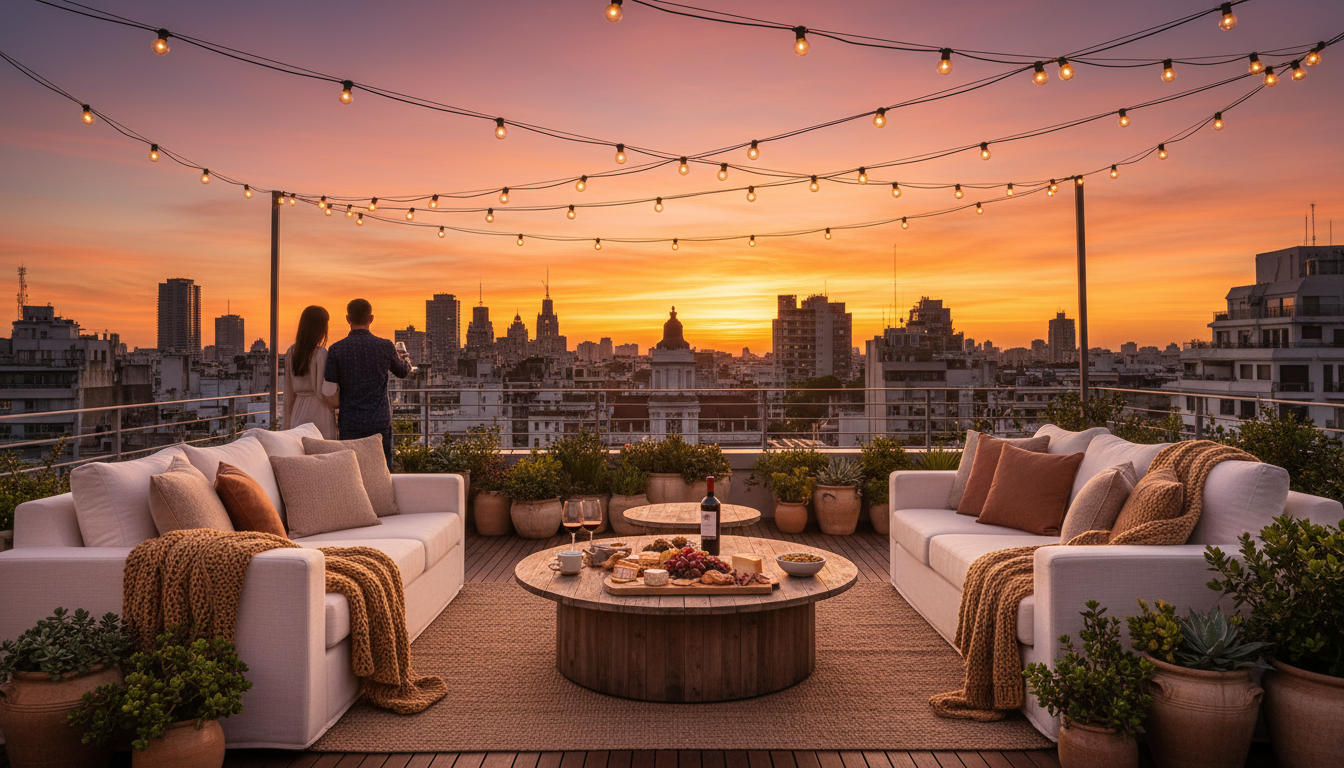 Rooftop terrace in Palermo at sunset, string lights, comfortable outdoor seating, wine and cheese se
