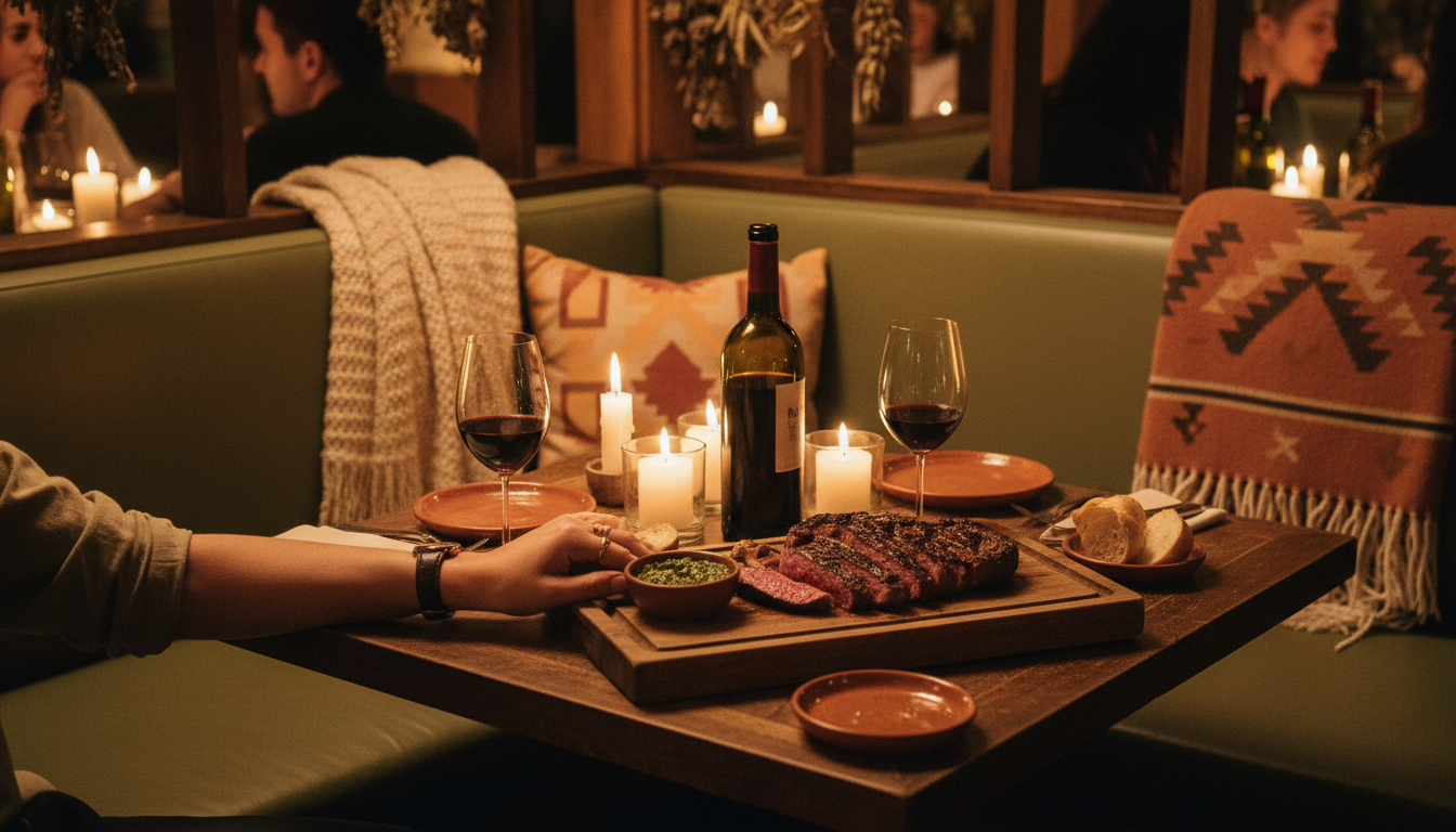Intimate dinner scene at a Buenos Aires parrilla, candlelight, shared steak and chimichurri, Malbec