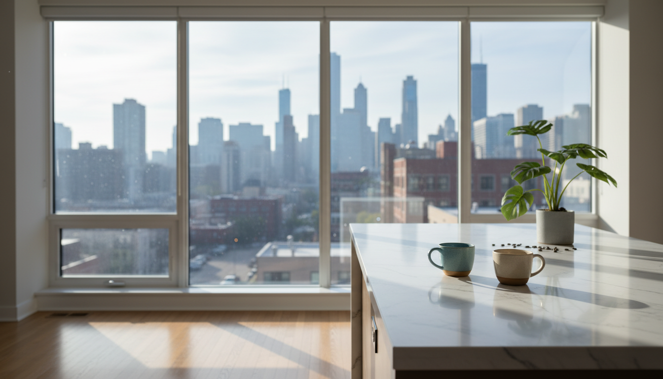 Morning light streaming through floor-to-ceiling windows of a Lincoln Park brownstone, two coffee cu