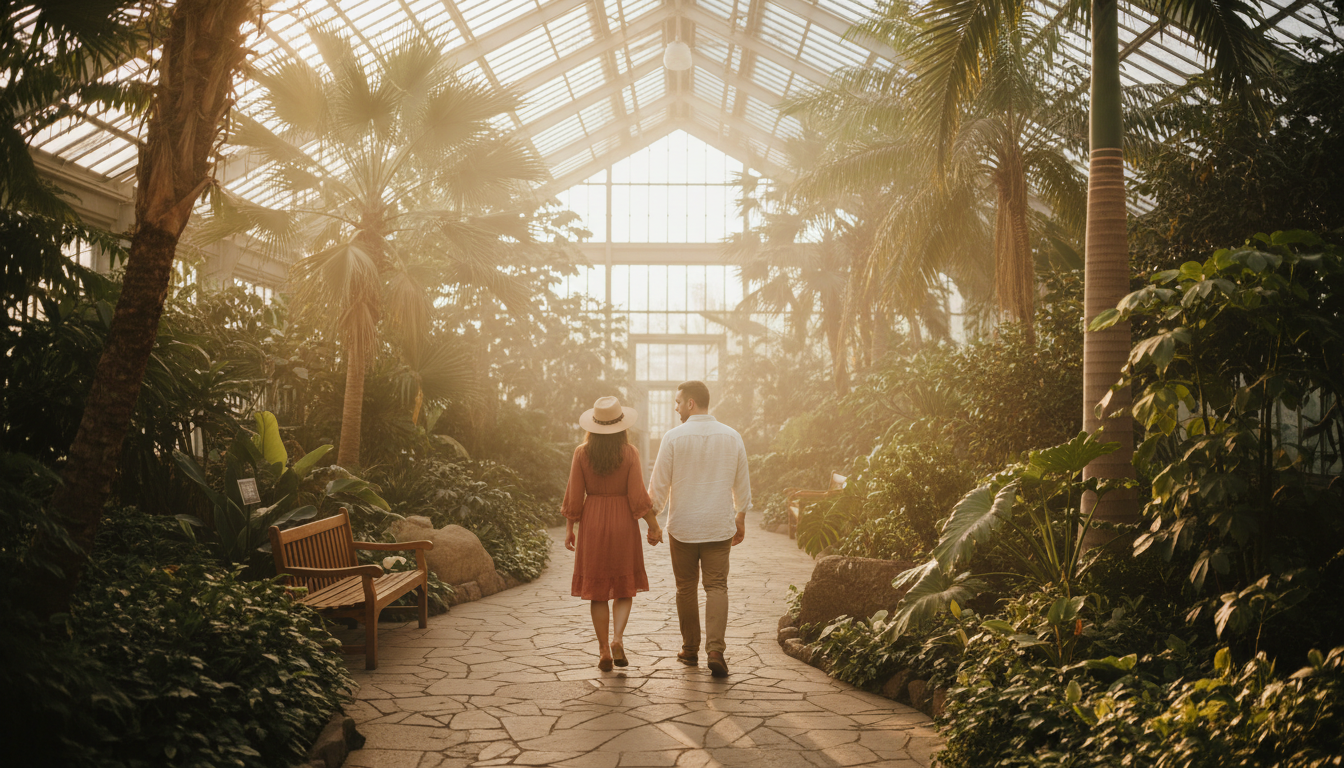 Couple walking hand-in-hand through Lincoln Park Conservatorys palm house, golden afternoon light fi