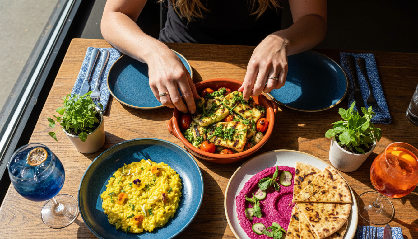 Overhead shot of colorful shared plates at a Logan Square restaurant, two hands reaching for the sam
