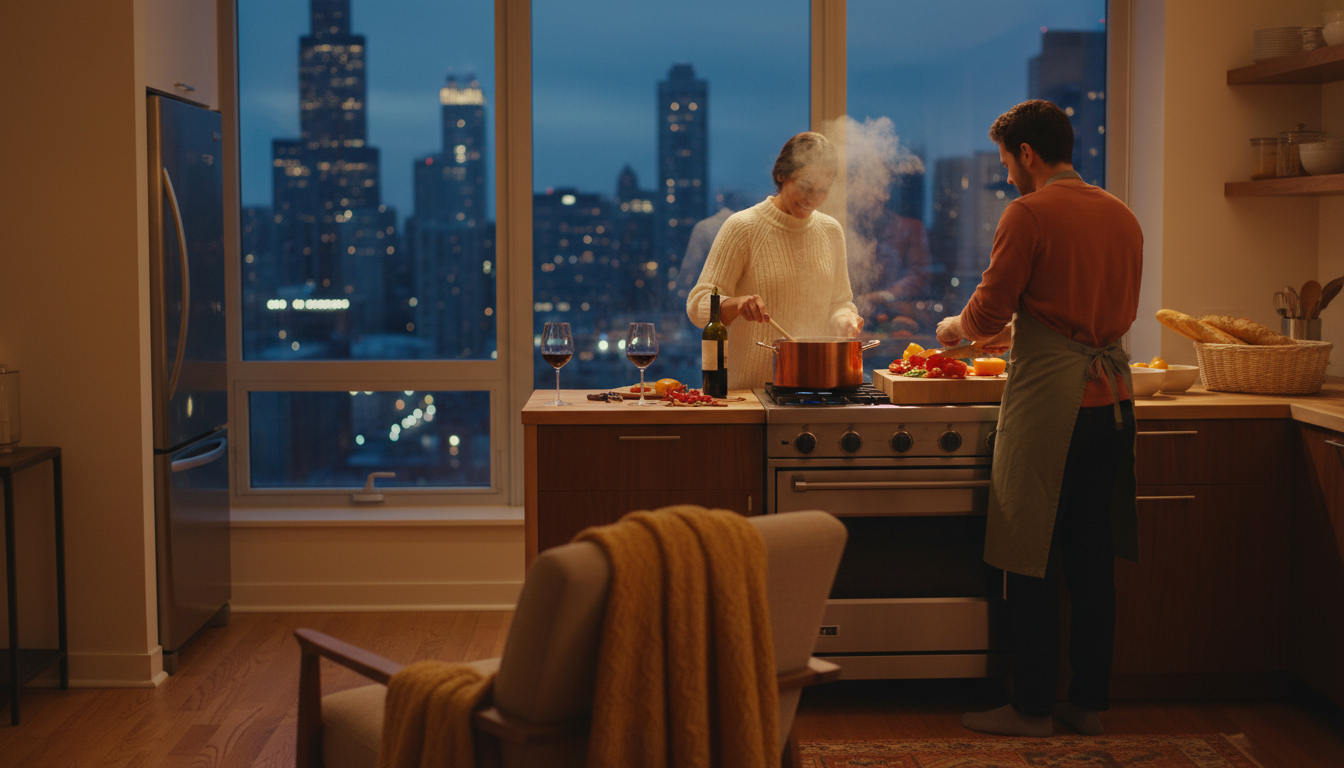 Couple cooking together in a warmly lit Chicago kitchen, one person stirring a pot while the other c