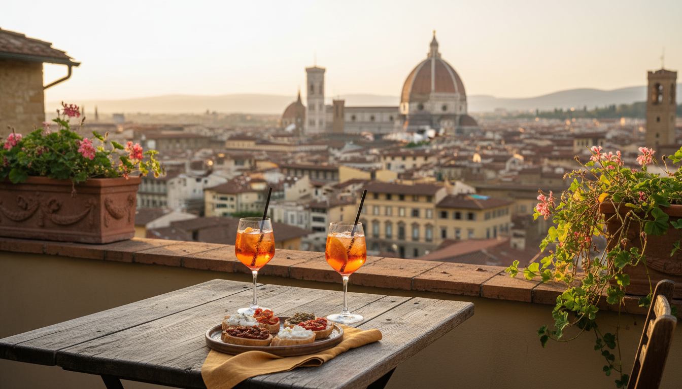 Golden hour view from a terrace in Florences Oltrarno district, overlooking terracotta rooftops towa