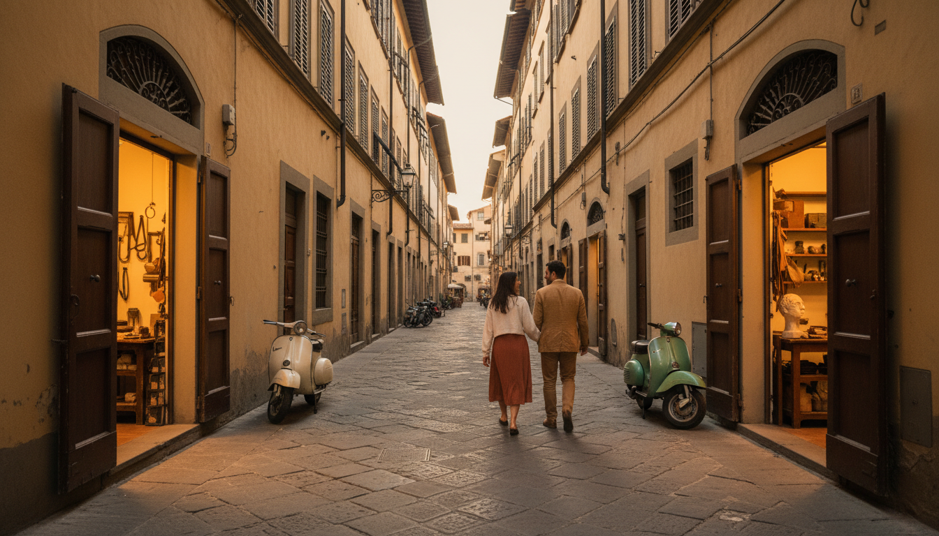 Narrow cobblestone street in San Frediano at dusk, artisan workshop doors open with warm light spill