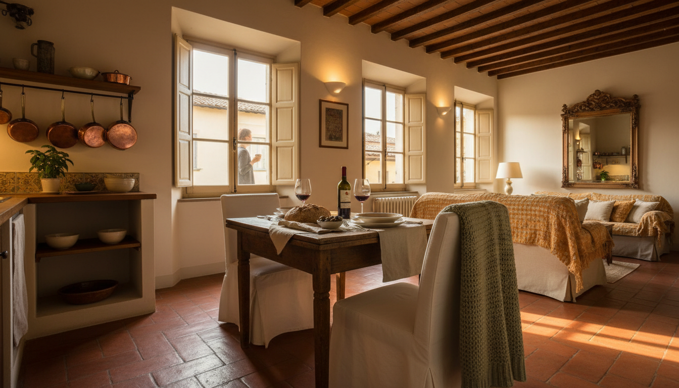 Cozy Florentine apartment interior showing exposed wooden beams, a small kitchen with copper pots, a