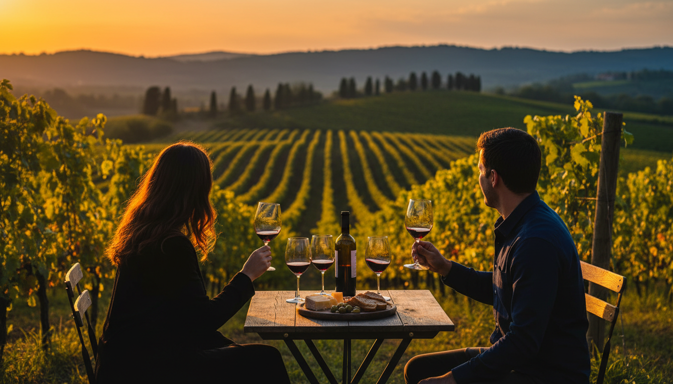 Couple at a small table in a Tuscan vineyard, rolling hills in background, tasting glasses of Chiant