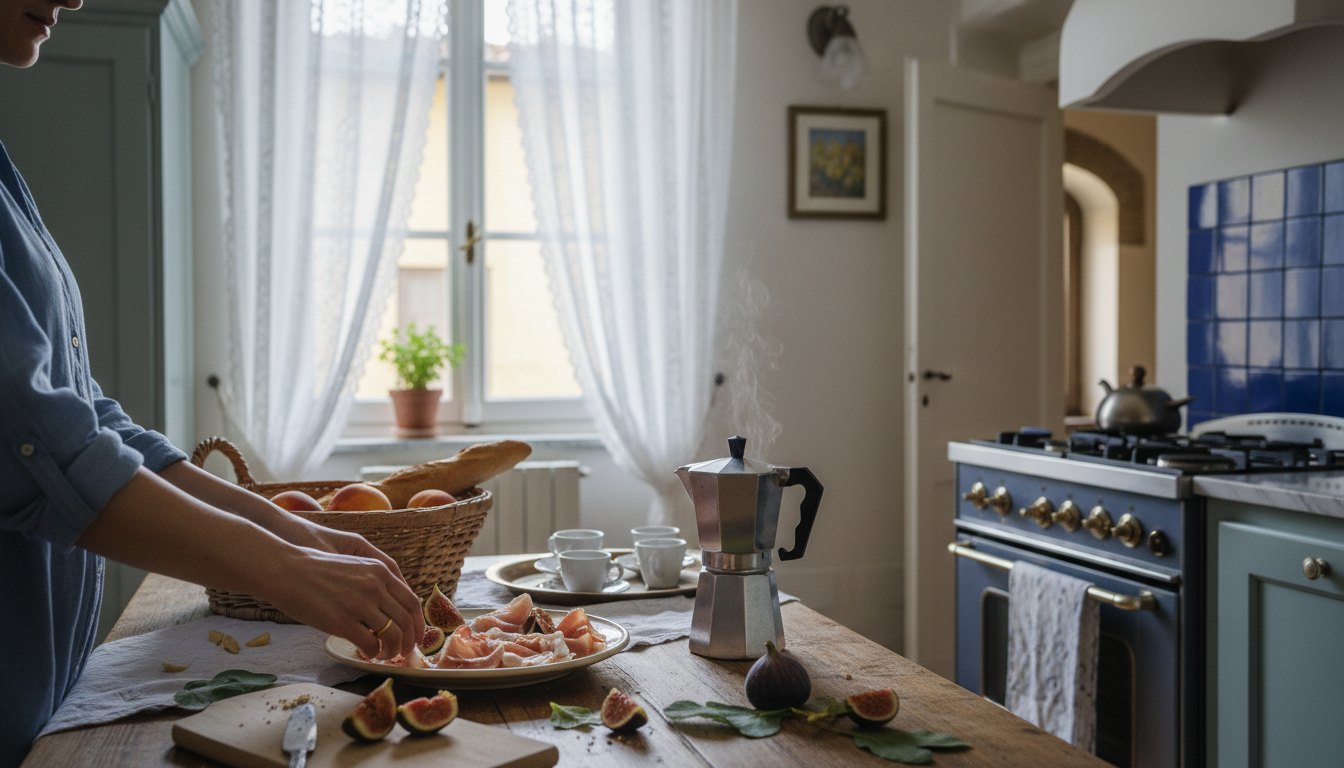 Morning scene in a Florence apartment kitchen, hands preparing breakfast with fresh figs and prosciu