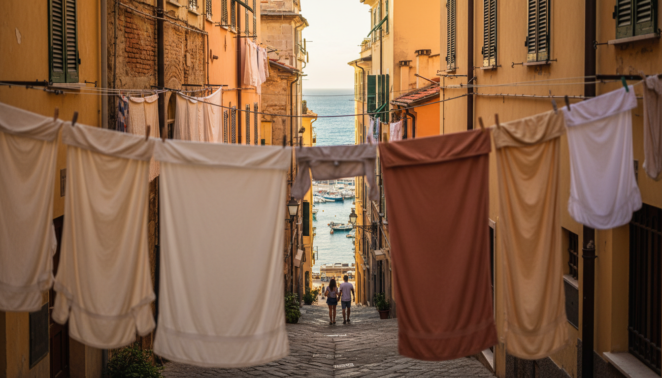 Golden hour light filtering through laundry lines strung between colorful buildings in Genoas histor