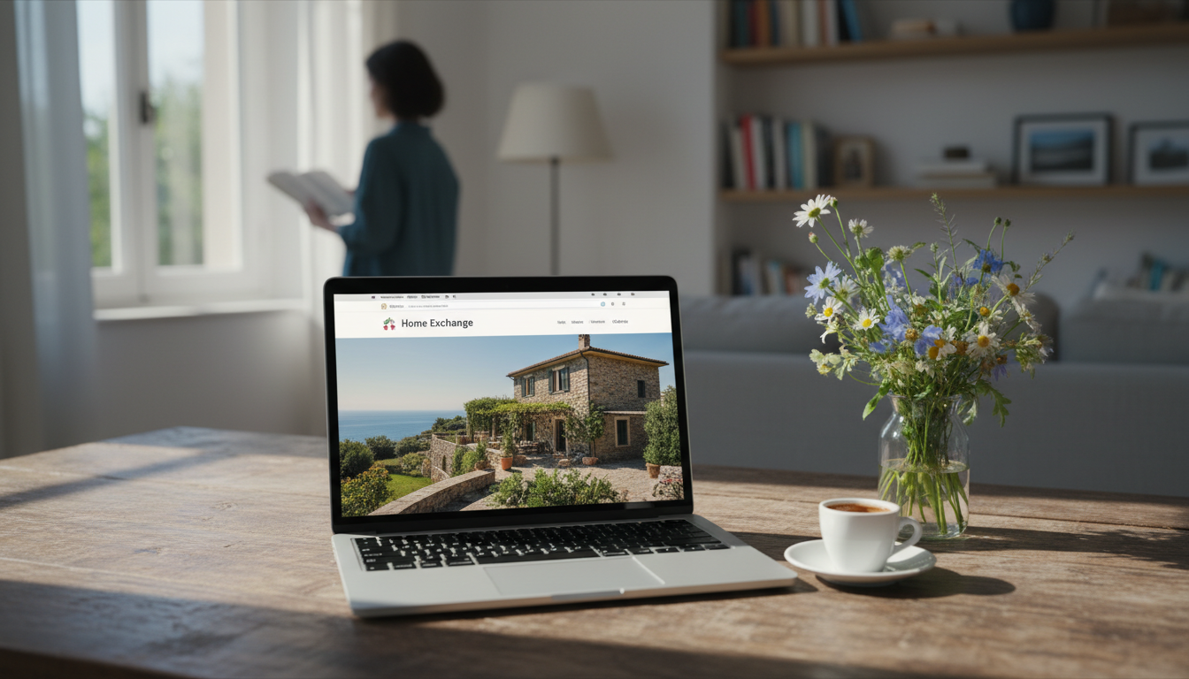 Laptop open on a rustic wooden table showing a home exchange listing, with a cup of espresso and a s