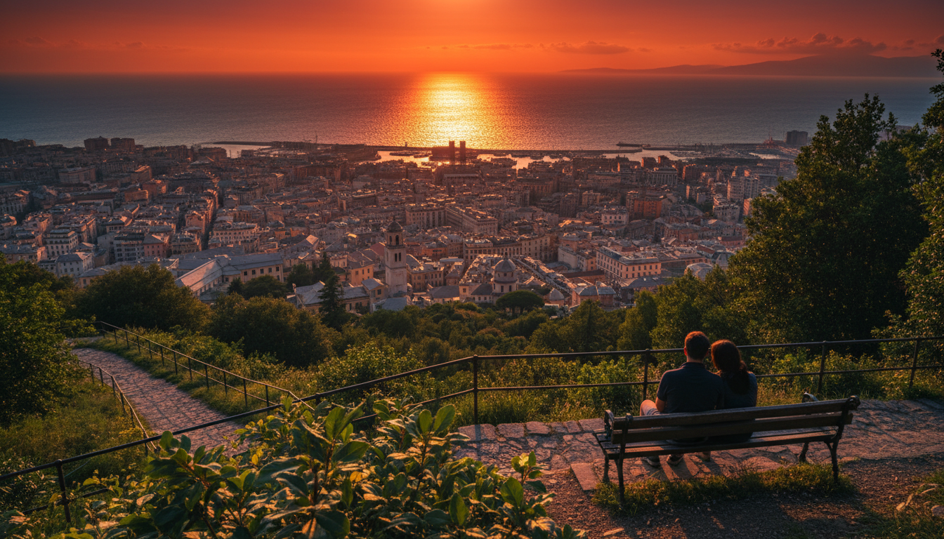 Couple from behind, sitting on a bench overlooking Genoas harbor and historic center from the Righi