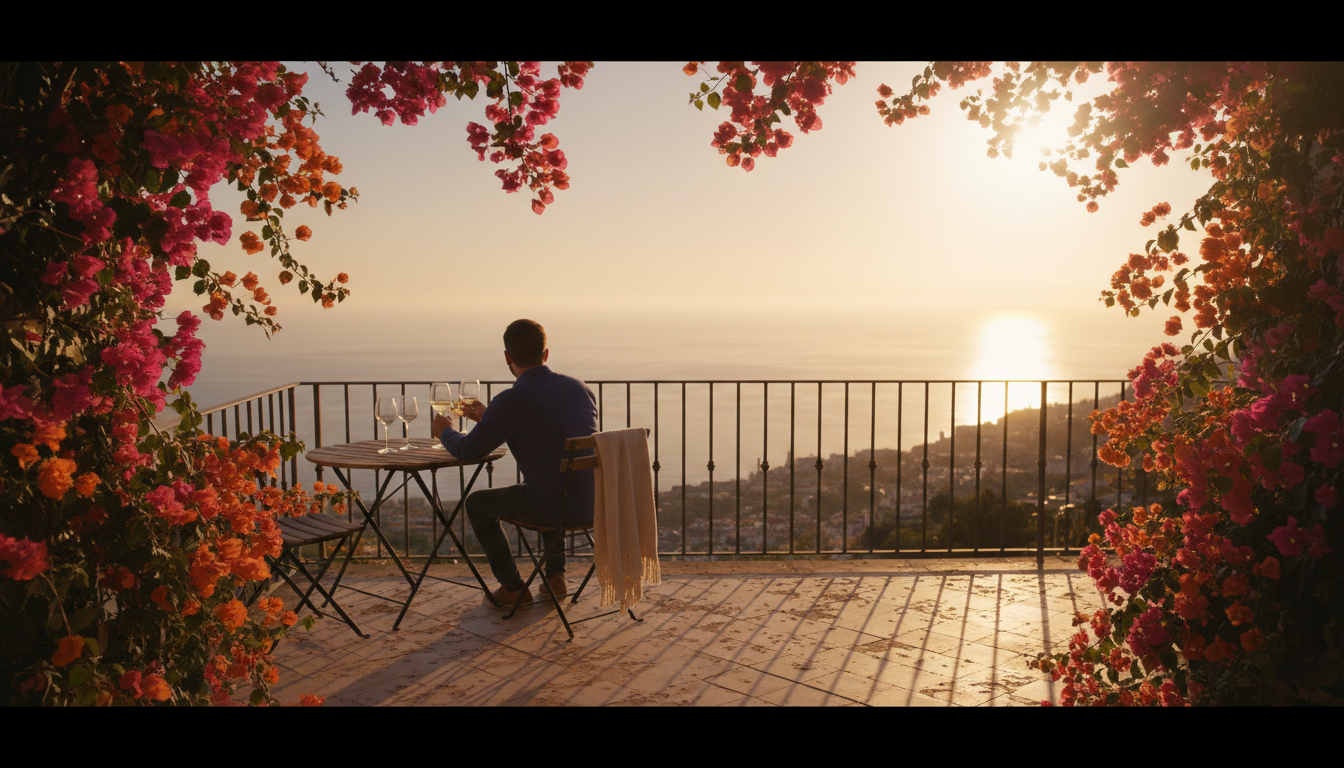 Panoramic view from a Funchal apartment balcony at golden hour, couple silhouetted against Atlantic