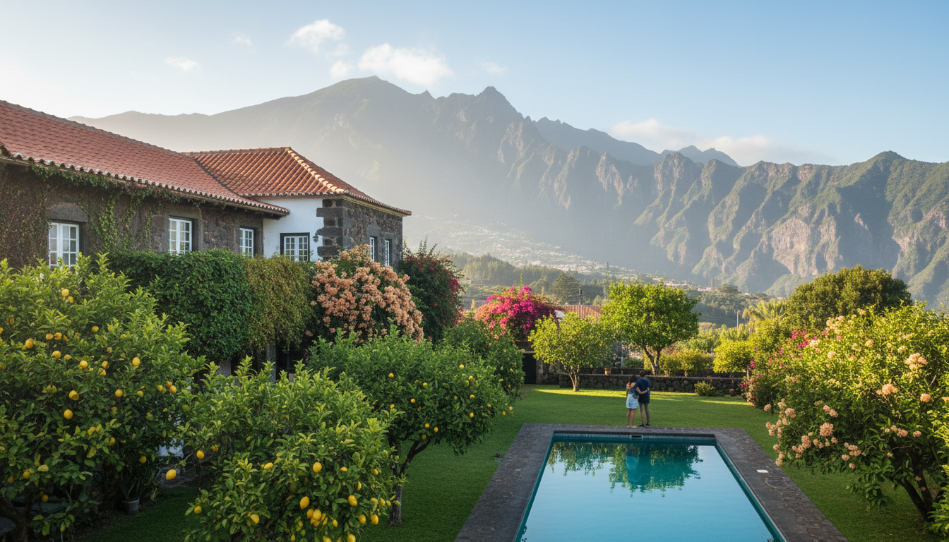 Traditional Madeiran quinta with terracotta roof, private garden with lemon trees and bougainvillea,