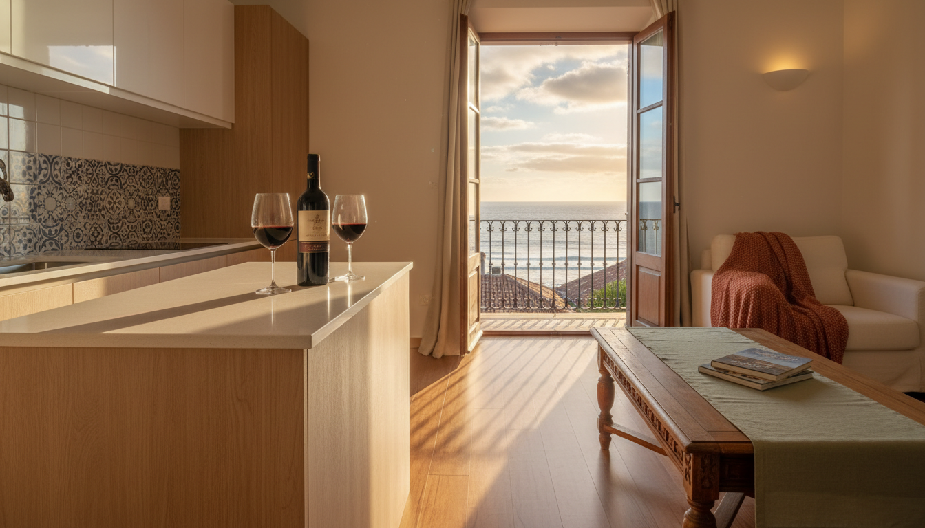 Cozy Madeiran apartment interior with traditional azulejo tiles, modern kitchen, French doors open t