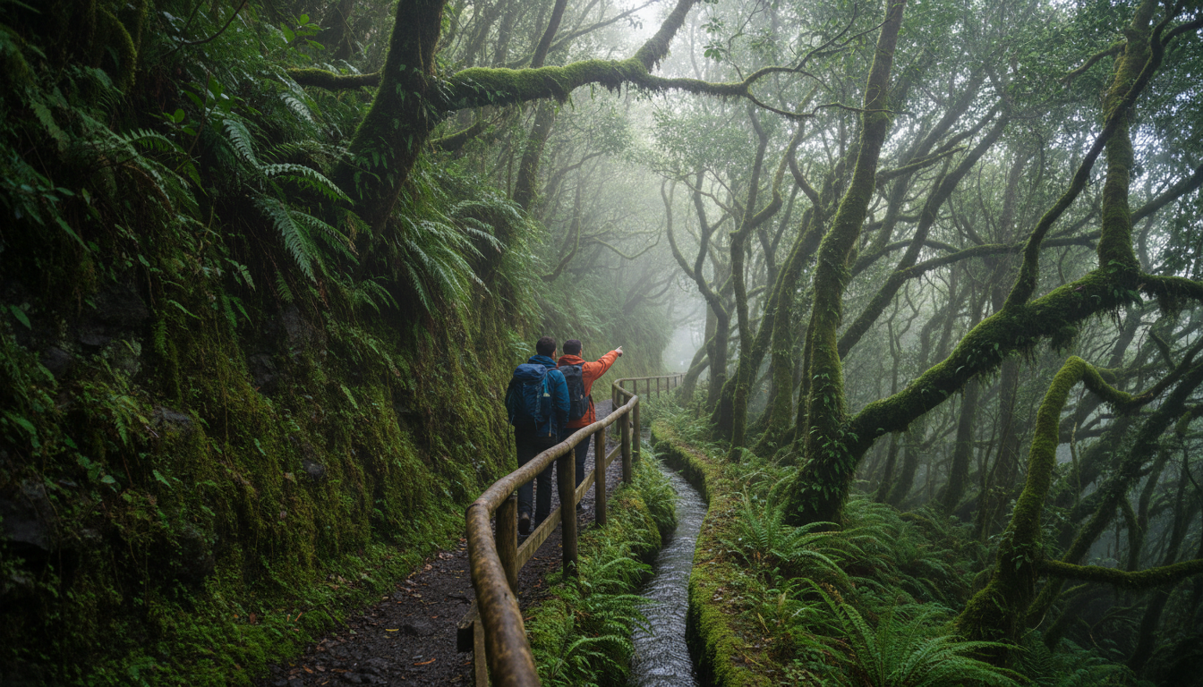 Couple hiking narrow levada trail through misty laurel forest, lush green ferns and moss, wooden rai