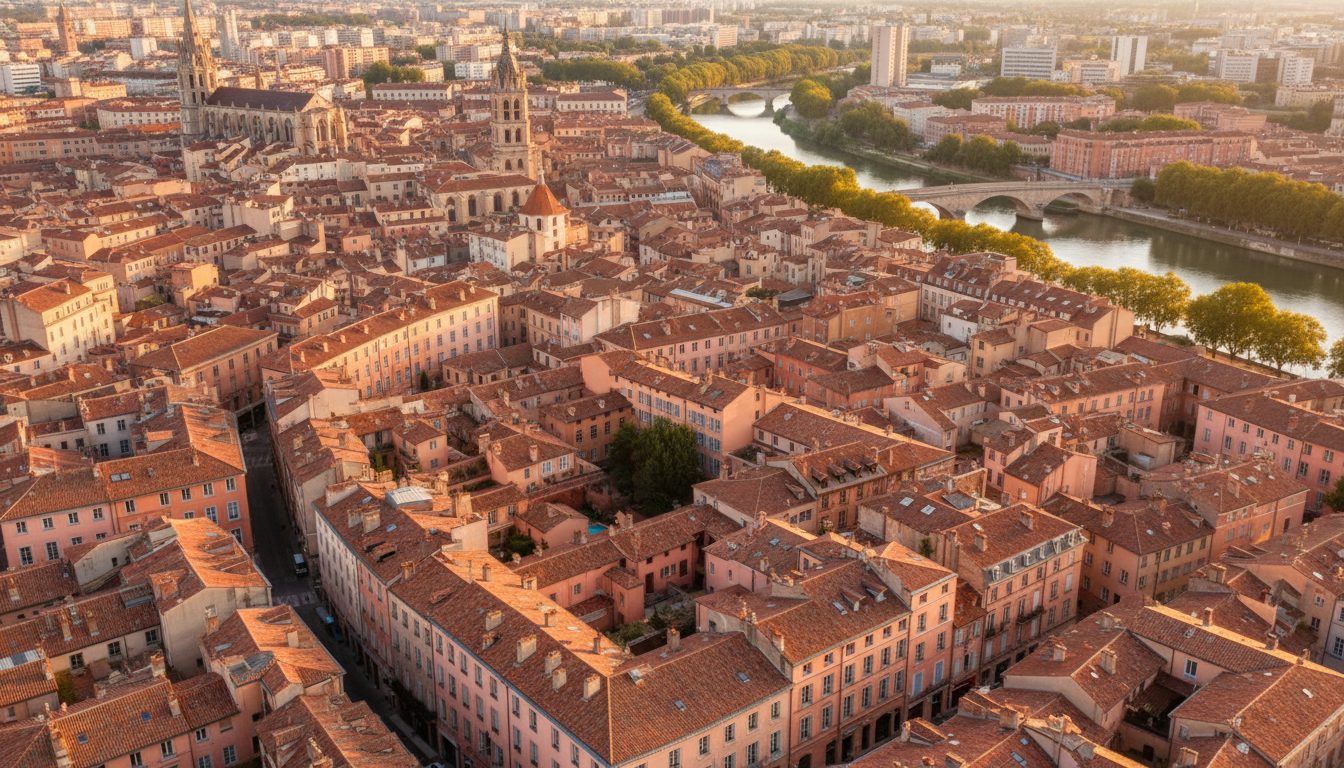 aerial view of Toulouses pink terracotta rooftops at golden hour, the Garonne River winding through