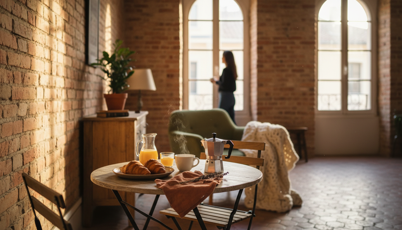 sun-drenched French apartment interior with exposed brick walls, a small bistro table set for breakf