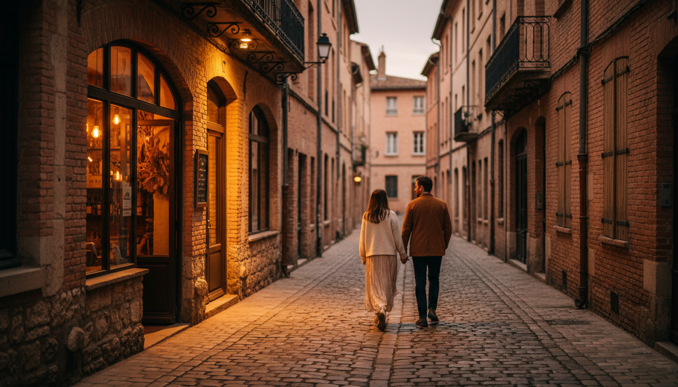 narrow cobblestone street in Toulouse at dusk, warm light spilling from a small wine bar, a couple w
