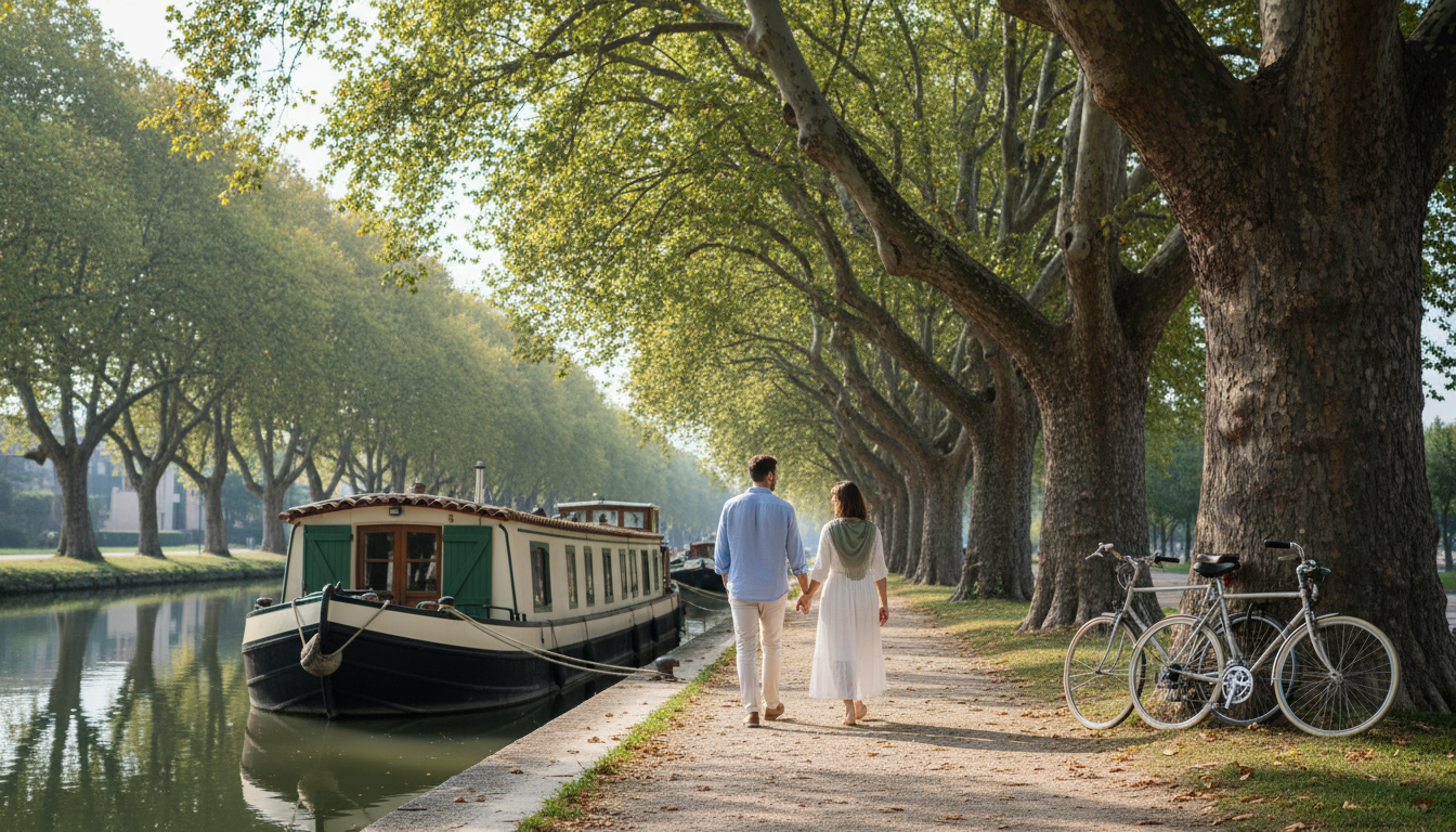 couple walking along the tree-lined Canal du Midi towpath, dappled sunlight, a traditional canal boa