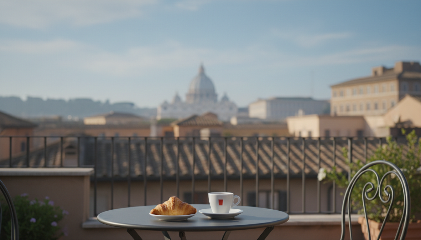 Early morning view from a Trastevere apartment terrace, terracotta rooftops stretching toward the do