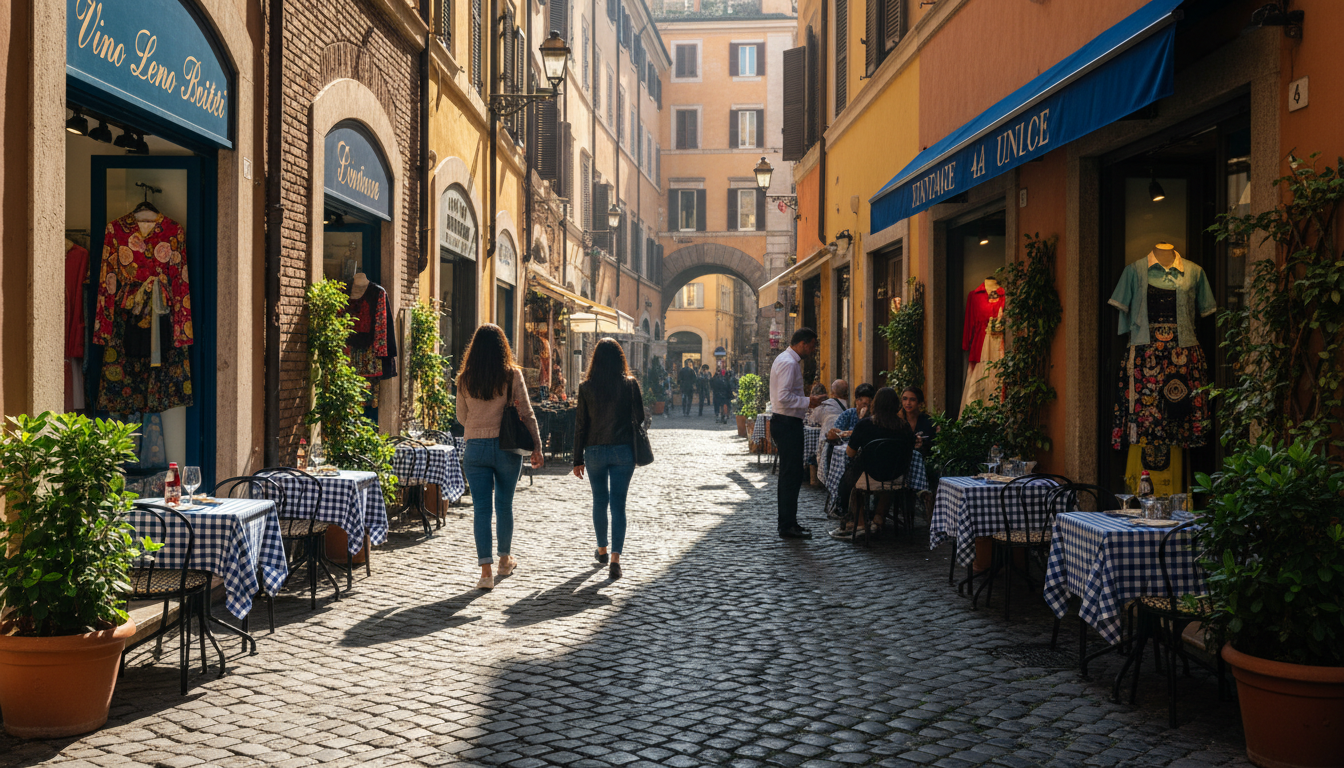 Narrow cobblestone street in Monti neighborhood, vintage clothing shops and wine bars with outdoor s