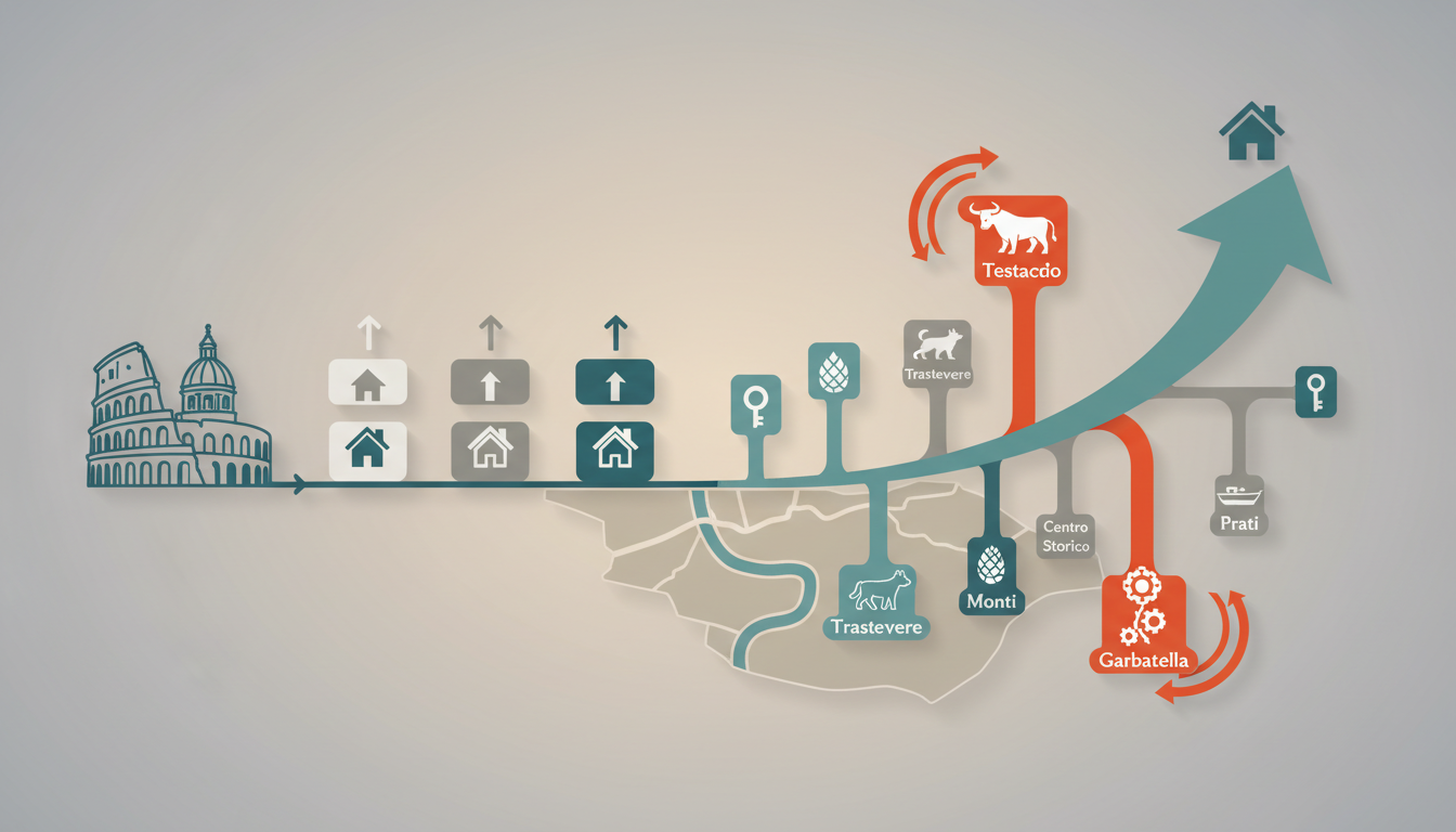 Infographic showing Rome home exchange growth by neighborhood from 2023-2026, with Testaccio and Gar