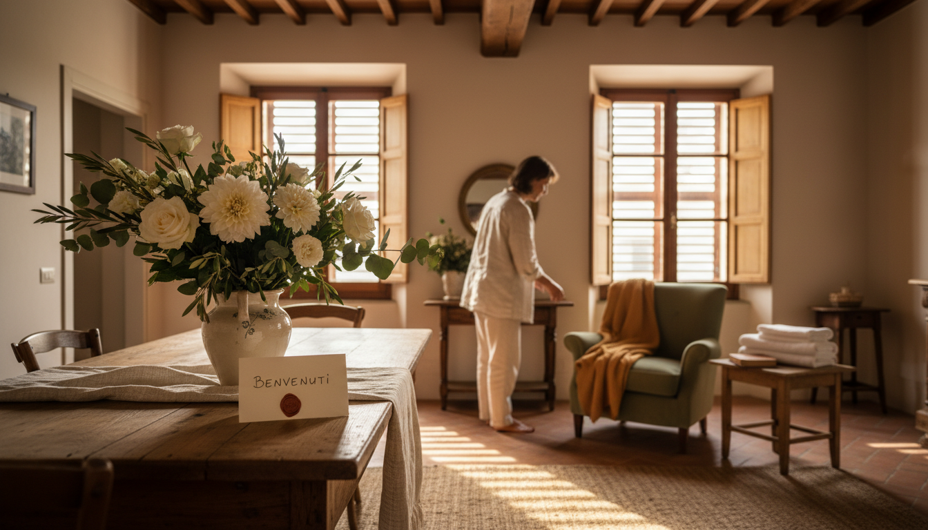 Roman host preparing an apartment for incoming guests, fresh flowers on the table, handwritten welco