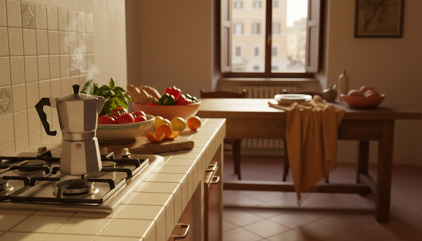 Well-equipped Italian-style kitchen in a home exchange property, Moka pot on the stove, fresh produc