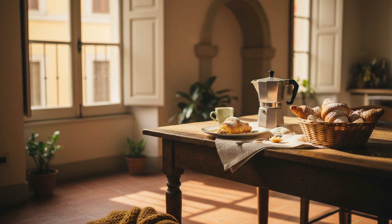 Morning light streaming through shuttered windows onto a rustic kitchen table with fresh cornetti an