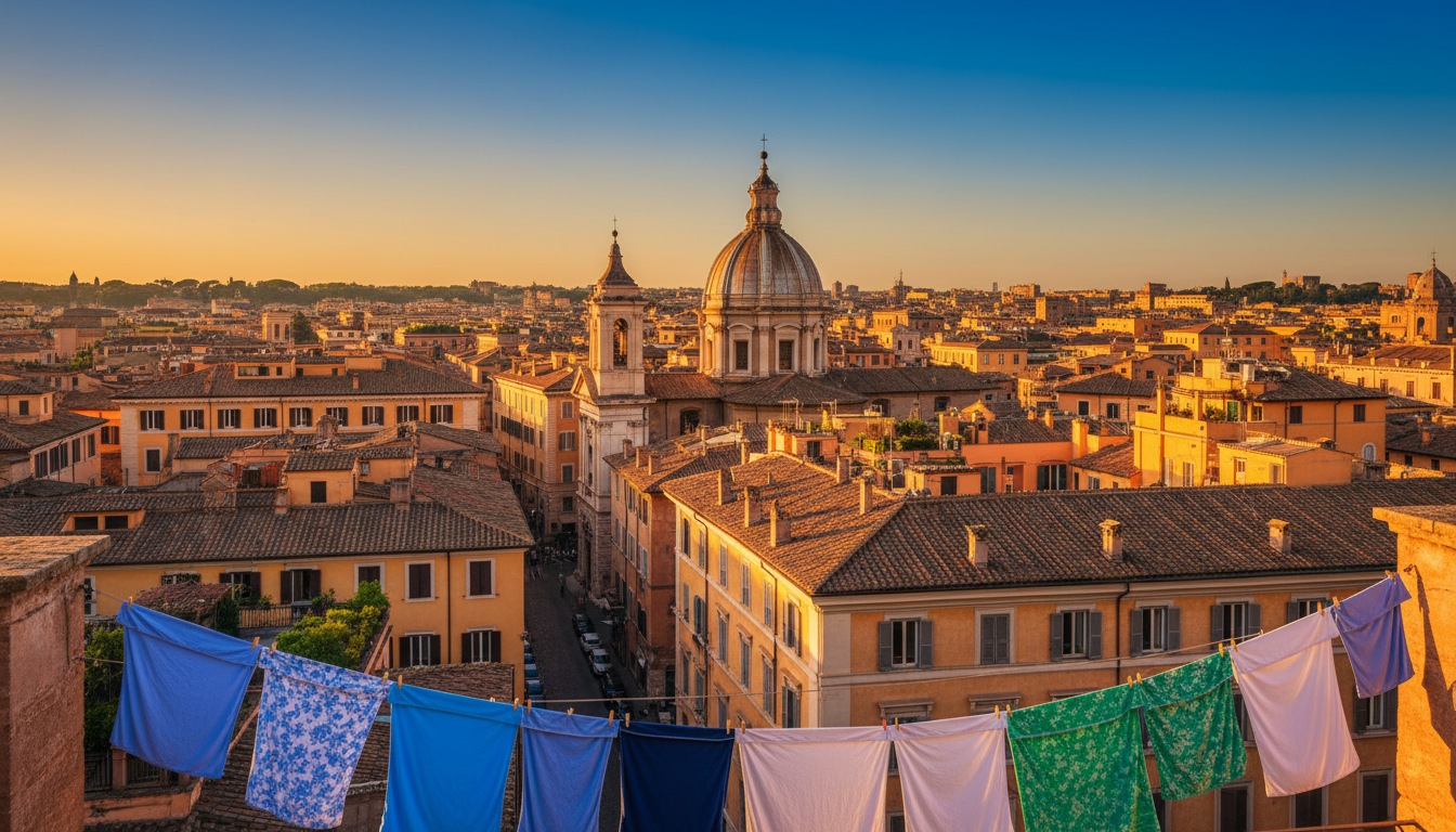 Aerial view of Romes terracotta rooftops at golden hour, showing the dome of SantIvo alla Sapienza a