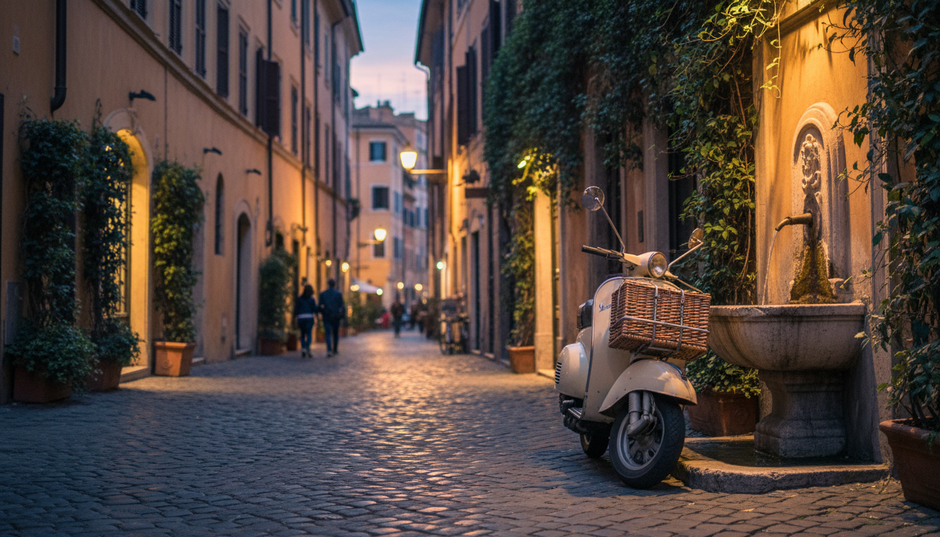 A narrow cobblestone street in Trastevere at dusk, warm light spilling from trattorias, ivy climbing