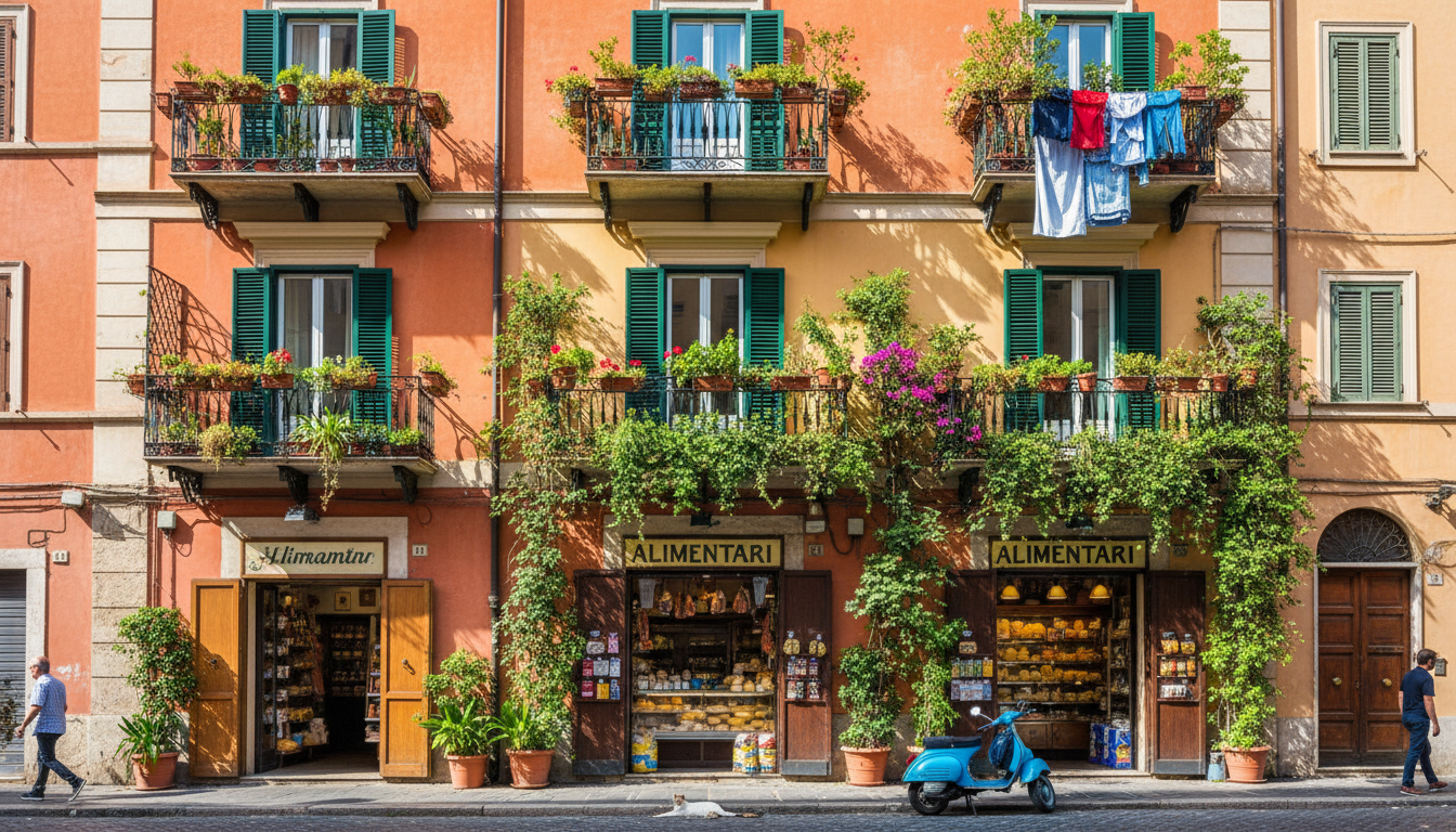 The colorful facade of a residential building in Testaccio with green shutters, potted plants on bal