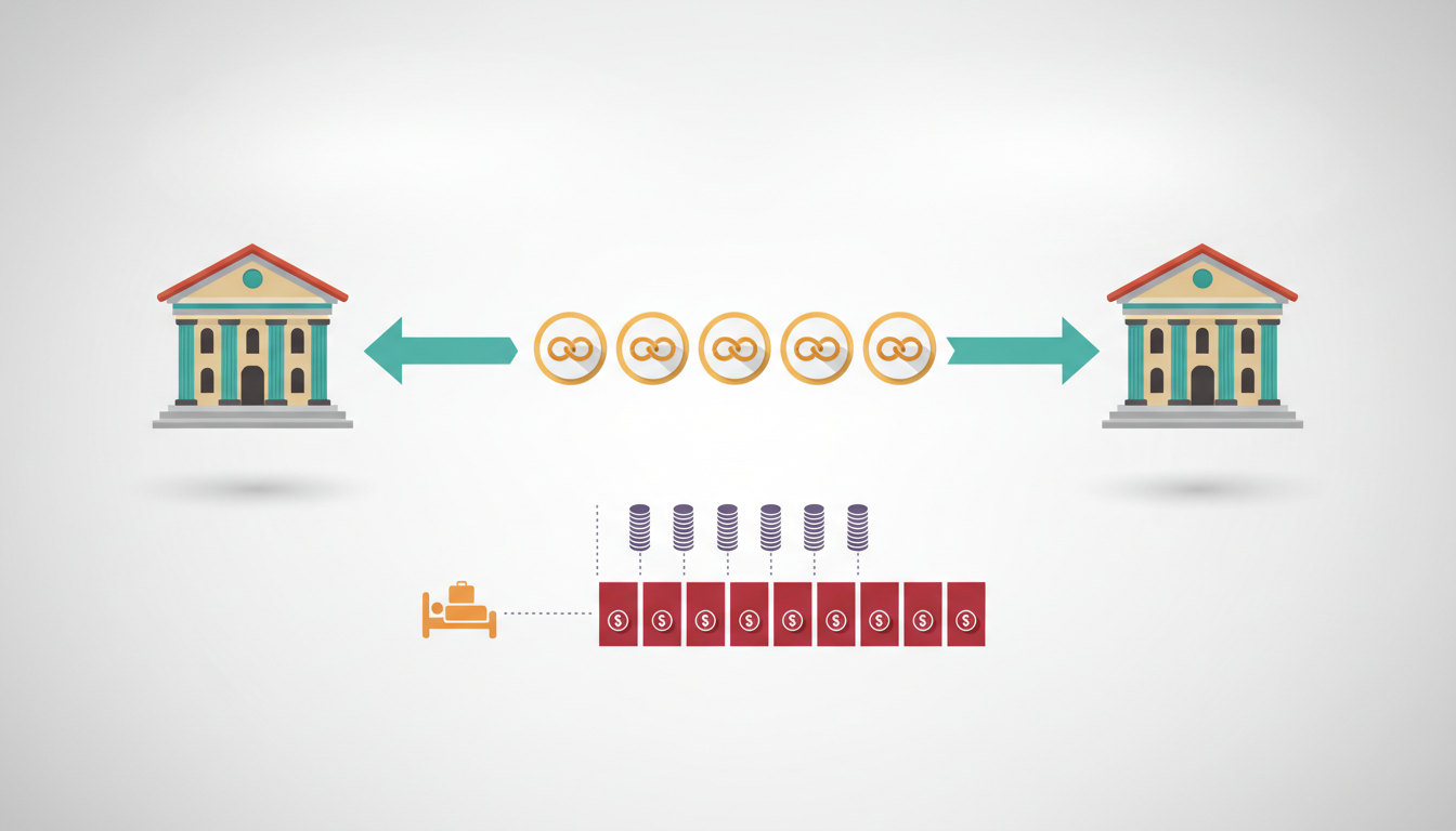 A SwappaHome-style infographic showing the credit system icons of a Rome apartment, arrows showing c