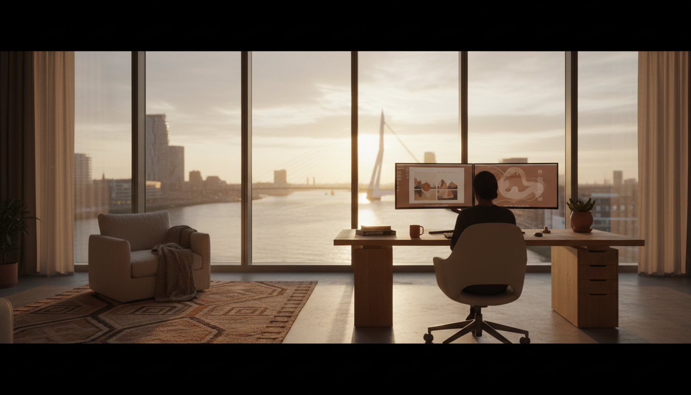 Modern Rotterdam apartment interior with floor-to-ceiling windows overlooking the Erasmus Bridge, fe