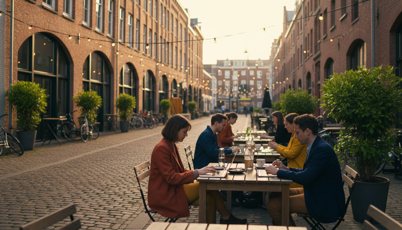 Cobblestone street in Katendrecht with converted warehouse buildings, outdoor caf seating, and young