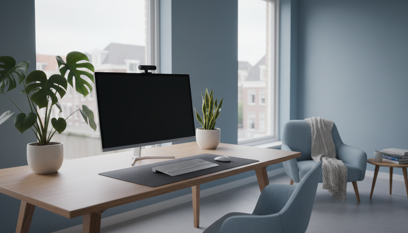 Minimalist Dutch home office setup with a large desk facing a window, green plants, a quality webcam
