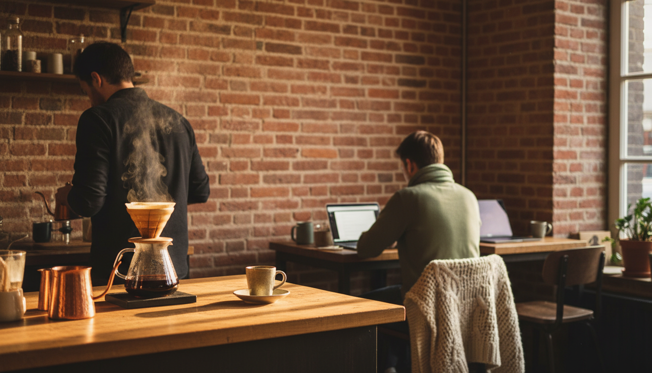 Specialty coffee shop interior in Rotterdam with exposed brick, a barista preparing pour-over coffee