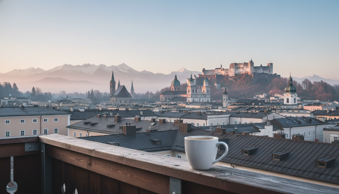 Early morning view of Hohensalzburg Fortress from a residential balcony in Nonntal, with terracotta