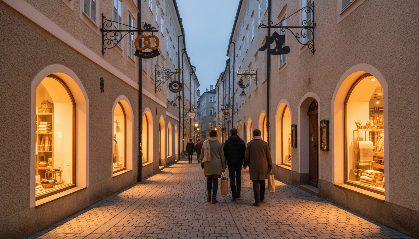 Narrow cobblestone street in Salzburgs Altstadt at dusk, wrought-iron signs hanging from baroque bui